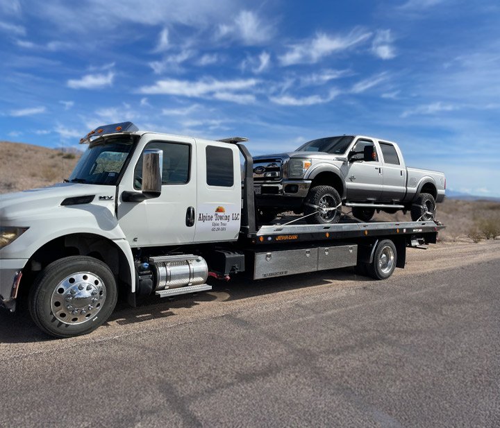Alpine-Towing-Alpine-Texas-Flatbed-Towing-Service-Truck-Loaded-on-Flatbed-Tow-Truck Alpine Towing Flatbed Towing Service Alpine Texas Flatbed tow truck with pickup truck loaded on bed