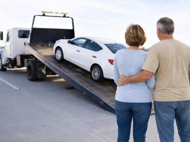 Towing-Service-Alpine-Texas-Flatbed-Tow-Truck-loading-a-car-with-motorists-looking-on-Alpine-Towing Towing Service Alpine Texas Flatbed Towing Service Couple with car problems Alpine Towing