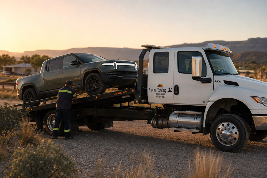Tow Truck operator in Alpine Texas loading a Rivian Truck on Alpine Towing Flatbed Tow Truck